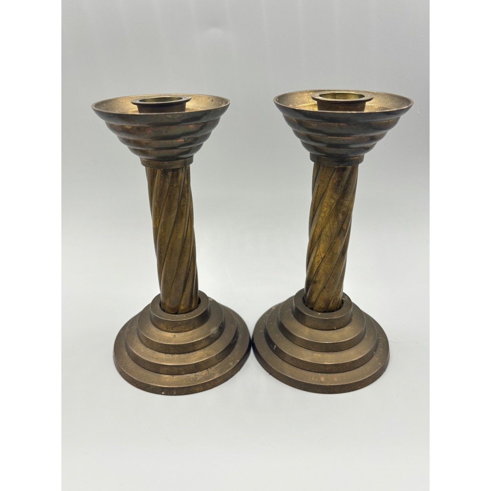 Vtg Brass Candlestick Holders Pair Twisted Swirl Column Stepped Base Decor‎